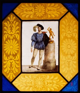 Skulptören Mauro Gandolfi klädd som Giambologna av Giuseppe Bertini (1825-1898), eldmålat glas 49x42 cm, Italien
