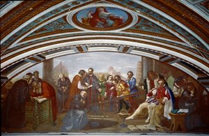 Galileo Galilei dit Galilee (1564-1642) visar lagen om fall och gravitation. Galilee visar erfarenheten med en lutande plan under en offentlig föreläsning i Pisa. Målning av Giuseppe Bezzuoli (1784-1855)
