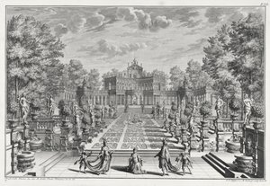 Inramning för en opera i en trädgård, från Architectus Theatralis Primarius, graverad av Johann Andreas Pfeffel (1674-1748), publicerad 1740 av Giuseppe Bibiena