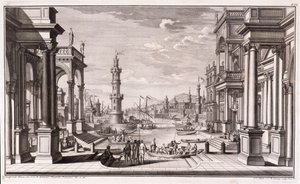 Liten hamn med kolonner i barockstil, från 