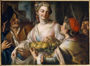 Karneval (karneval). Populär festscen i Venedig, en ung man erbjuder ett fruktfat till en ung kvinna som griper ett äpple, omgiven av karaktärer, varav en har en grotesk mask från commedia dell