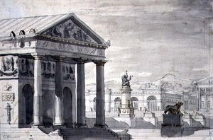 Neo-klassisk scenset, ca 1825 (penna & bläck och sepiatvätt på papper)