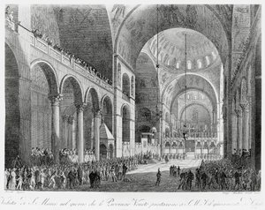 Venetoprovinserna svär trohet till den österrikiske kejsaren Frans II (1768-1835) i San Marco-basilikan i Venedig, den 7 maj