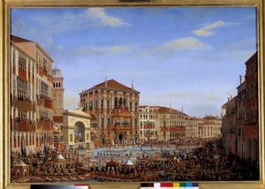 Besök av Napoleon I i Venedig från 28 november till 8 december 1807: Kejsaren som leder regatterna på Canal Grande från balkongen på Baldipalatset, anländer från loppet, 2 december 1807 Målning av Giuseppe Borsato (1771-1849). 1807 Sön. 0,65 x