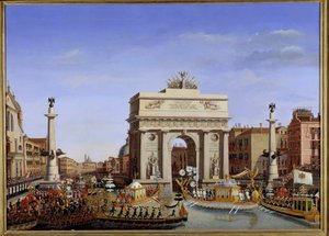 Besök av Napoleon I i Venedig från 28 november till 8 december 1807: kejsarens ingång i gondol på Canal Grande Procession av gondoler. Målning av Giuseppe Borsato (1771-1849) 1800-talet sön. 0,65x0,90 m. - Napoleons besök i Venedig från 28 nr