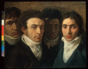 Självporträtt med Felice Bellotti, Gaetano Cattaneo och Carlo Porta av Giuseppe Bossi