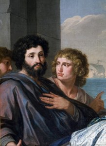 Sankta Paula (Santa Paola Romana) på väg till det Heliga landet. Som änka vid 33 års ålder följde hon Sankt Hieronymus och gav sig 385 av med sin dotter Sainte Eustochium på en pilgrimsfärd till de heliga platserna. Detalj av en man med skägg (Sankt Hieron