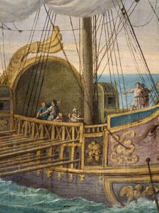 Sankta Paula (Santa Paola Romana, 347-406,) på väg till det Heliga landet, detalj av båten. Som änka vid 33 års ålder följde hon den helige Hieronymus och gav sig 385 av med sin dotter Sainte Eustochium på en pilgrimsfärd till de heliga platserna. Målning 