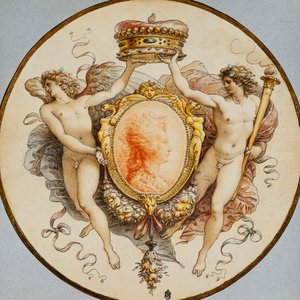 Ett ovalt porträtt av en kvinna i profil med en dekorativ kant av grotesker och swags, med flankerande allegoriska figurer av berömmelse och seger som håller en krona,
