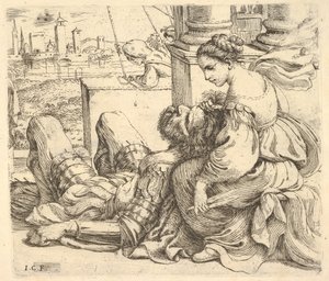 Delila håller i Samsons hår och en sax, 1620-30.