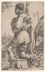 Saint Roch, knästående på en sten, sedd från sidan med sin hund bakom sig..., 1620-30.