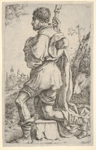Saint Roch, på knä på en sten, sedd från sidan med sin hund bakom sig och en städer..., 1620-30.