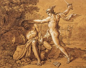 Italien, Merkurius dödar Argus för att rädda nymfen (Mercury dödar Argo för att rädda nymfen) av Giuseppe Cammarano (1766-1859) som konstnären gav till Gaetano Donizetti, ritning