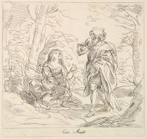 Sittande kvinna och skäggig man i ett landskap, 1740-1802.