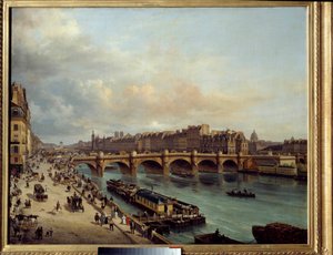 La cite et le Pont Neuf sett från Quai du Louvren I förgrunden en båttvätt (båttvätt) och den stora aktiviteten vid Seines strand. Målning av Canella Giuseppe Canella l