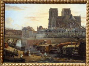 Saint Charles-bron, hotel dieu, archeveche och Notre Dame sett från Quai de la Tournelle i Paris. Målning av Giuseppe Canella (1788-1847) EC.ITAL.