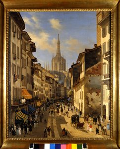 Utsikt över Corsia dei Servi (nuvarande Corso Vittorio Emanuele) i Milano. Målning av Giuseppe Canella (1788-1847) 1834 Milano, Milanos museum