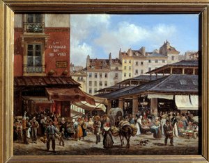 Utsikt över Halles i Paris Målning på kartong av Giuseppe Canella (1788-1847) 1828. Dim 0,14 x 0,19 m Paris, Musee Carnavalet