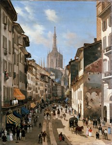 Utsikt över gatan Corsia dei Servi (målning, ca 1839) av Giuseppe Canella