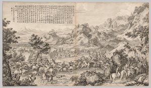 Att attackera lägret vid Gatan Ola: från Battle Scenes of the Quelling of Rebellions..., ca. 1765-1774. av Giuseppe Castiglione