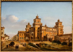 Ferrara Castle (olja på pannå) av Giuseppe Chittò Barucchi