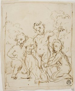 Tre putti och en hund i ett landskap