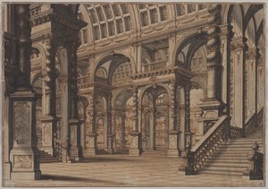 Monumental välvd hall med trappa av Giuseppe Galli Bibiena