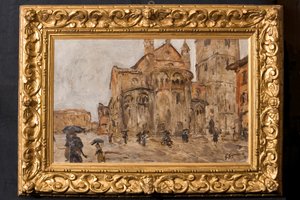 Piazza Grande in the Rain (olja på plywood) av Giuseppe Graziosi