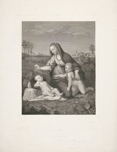 Maria med barnet och den unge Johannes döparen i ett landskap Madonna del Velo av Giuseppe Longhi