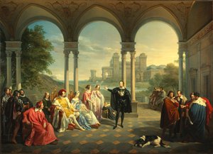 Torquato Tasso läser La Gerusalemme Liberata vid domstolen i Ferrara, 1841. av Giuseppe Mancinelli