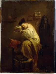 Kvinna som letar efter loppor. (Kvinna söker loppor). Målning av Giuseppe Maria Crespi (1665-1747), olja på duk, cirka 1710. Italiensk konst (Bologna) av Giuseppe Maria Crespi