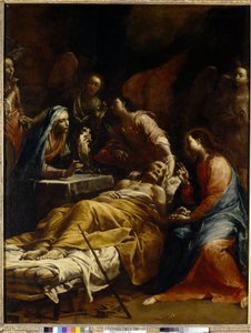 Saint Josephs död (Sankte Josefs död). Gammal man liggande på sin dödsbädd, omgiven av Jungfru Maria, Jesus Kristus välsignande honom och änglar. Målning av Giuseppe Maria Crespi känd som Lo Spagnolo (1665-1747), olja på duk, cirka 1712. Italiensk konst