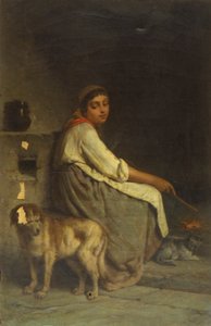 Kvinna med hund och katt vid öppen spis