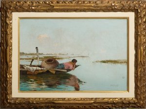 Lugn, venetiansk lagun (olja på duk) av Giuseppe Miti Zanetti