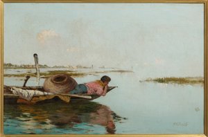 Lugn, venetiansk lagun (olja på duk) av Giuseppe Miti Zanetti
