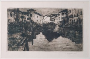 Fiskmarknadskanalen i Chioggia (etsning på vitt papper)