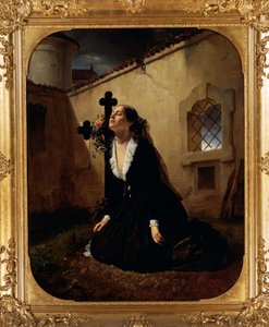 Beklagande förlust av älskade eller fru till överste Manara vid hennes makes grav, av Giuseppe Molteni (1800-1867), olja på duk