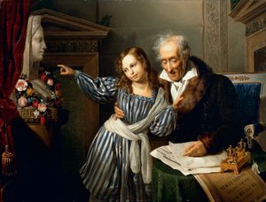 Gammal man som pekar ut Maria Luigias Herm till sitt barnbarn, av Giuseppe Molteni, cirka 1830, olja på duk