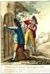 "Det är ingen idé att stänga stallet när hästarna har rymt." 1700-talsgravyr som illustrerar en rad ordspråk. Giuseppe Piattoli (1740/50-1818) av Giuseppe Piattoli