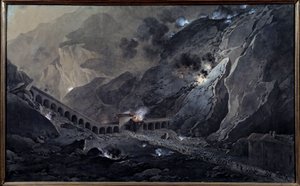 Första italienska kampanjen (1796-1797): "" Passage av franskt artilleri, på natten, under Fort of Bard, ockuperat av österrikarna den 21 maj 1800"" Akvarell gouachee av Giuseppe Pietro Bagetti (1764-1831) Sön. 1,04x0,74 m Versailles, Musee du Chateau - Gr
