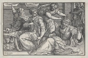 Lucretia instruerar sina döttrar i handarbete, 1557. av Giuseppe Porta