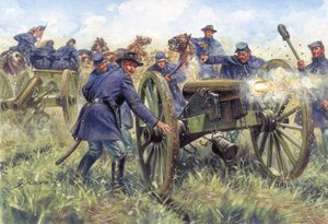 Amerikanska inbördeskriget: soldater från nordstaterna (unionen) använder ett gevär under ett slag - Illustration av Giuseppe Rava av Giuseppe Rava