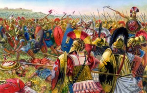 Antikens Rom: Lars Porsenna, etruskisk militär vid Roms portar 507 f.Kr. - Lars Porsenna (Porsena) etruskisk kung under sitt krig mot staden Rom - Illustration av Giuseppe Rava