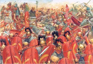 Antika Rom: Slaget vid Carrhes (eller Charan) besegrade de romerska legionerna under general Crassus, av partherna ledda av general Surena den 9 juni av Giuseppe Rava