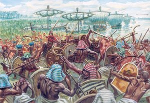 Forntida Egypten: Slaget vid deltat var ett sjöslag mellan Egypten och sjöfolken, cirka 1175 f.Kr. då den egyptiske faraon Ramses III slog tillbaka en större sjöinvasion - Illustration av Giuseppe Rava av Giuseppe Rava