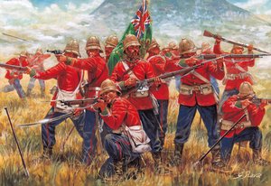 Anglo-Zulu-kriget: soldater från det brittiska imperiet i slaget vid Isandhlwana (Isandlwana eller Isandula) i Sydafrika, 22/01/1879 - Anglo-Zulu-kriget: soldater från det brittiska imperiet, slaget vid Isandlwana den 22 januari 1879 - Illustration av Gius av Giuseppe Rava