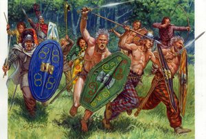 Antiquite: galliska krigares anfall, vänster i en söm - galliska krigare som anfaller, en av dem till vänster bär en ringbrynja - Illustration av Giuseppe Rava