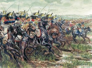Första kejsardömet (1804-1814): Napoleon I:s stora armés slagskepp laddar - Illustration av Giuseppe Rava