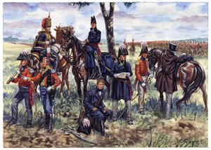 Första kejsardömet: Hertigen av Wellingtons stab vid slaget vid Waterloo den 18 juni 1815 - Illustration av Giuseppe Rava av Giuseppe Rava