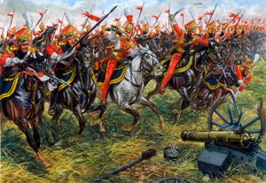 Första kejsardömet: 2:a regementet av spjutkastare från Napoleon I:s kejserliga garde i slaget vid Waterloo 18/06/1815 - Första kejsardömet: 2:a regementet av lätta kavallerister från Napoleon I:s kejserliga garde i Waterloo den 18 juni 1815 - Illustratio av Giuseppe Rava